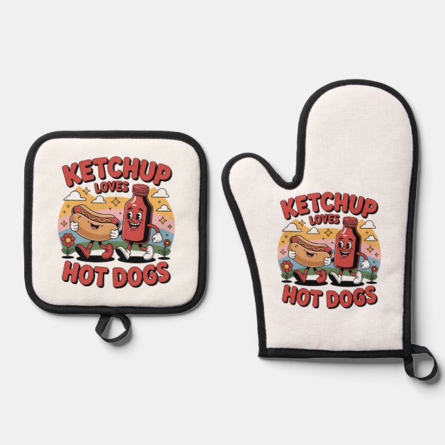 Funny Ketchup and Hot Dog Cartoon Retro Food Art Oven Mitt & Pot Holder Set (Front)