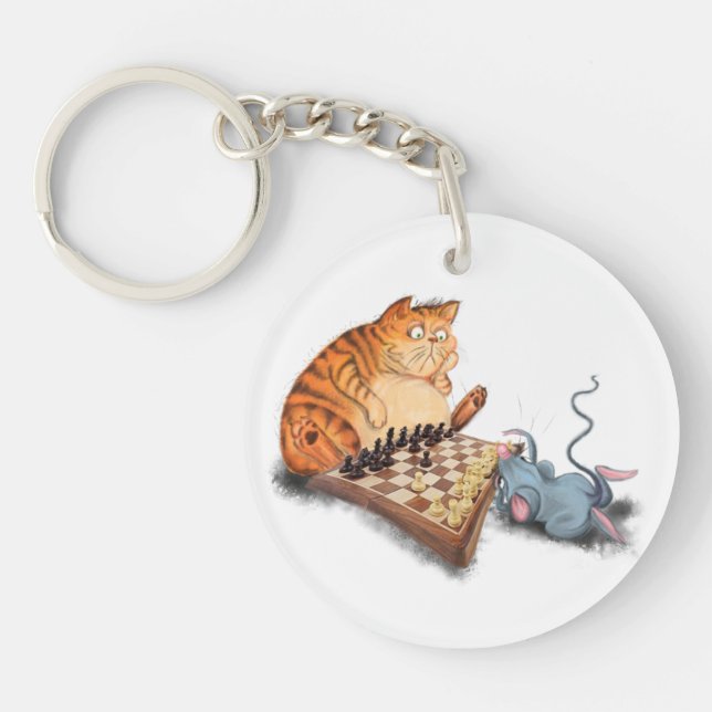 Funny Keychain Cat and Mouse Playing Chess (Front)
