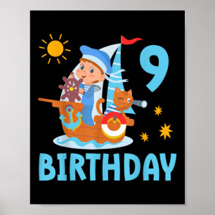 Funny Kids 9th Birthday Party Sailboat Sailing Boa Poster