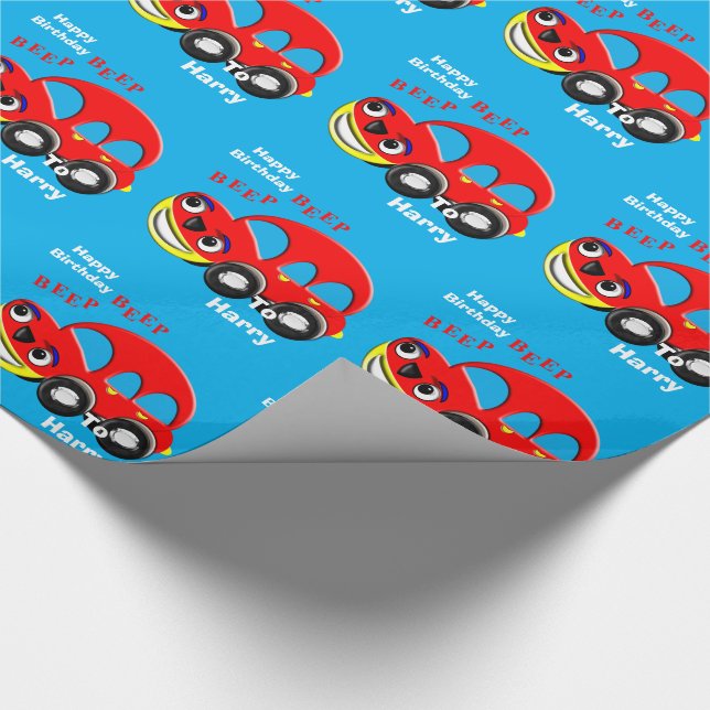 Funny Kids Cartoon Car Theme Personalised Wrapping Paper (Corner)