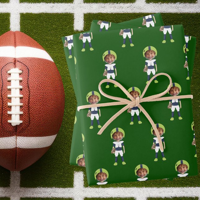 Funny Kids Photo Football Player Green Customized Wrapping Paper Sheet (Creator Uploaded)