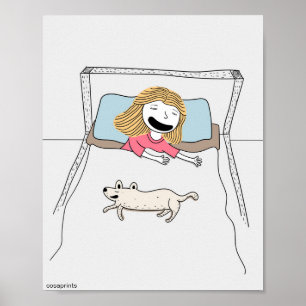 Funny kids poster girl and dog in bed together