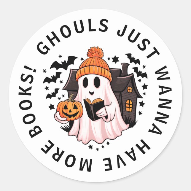 Funny Kids Pumpkin Ghost Book Lovers  Classic Round Sticker (Front)