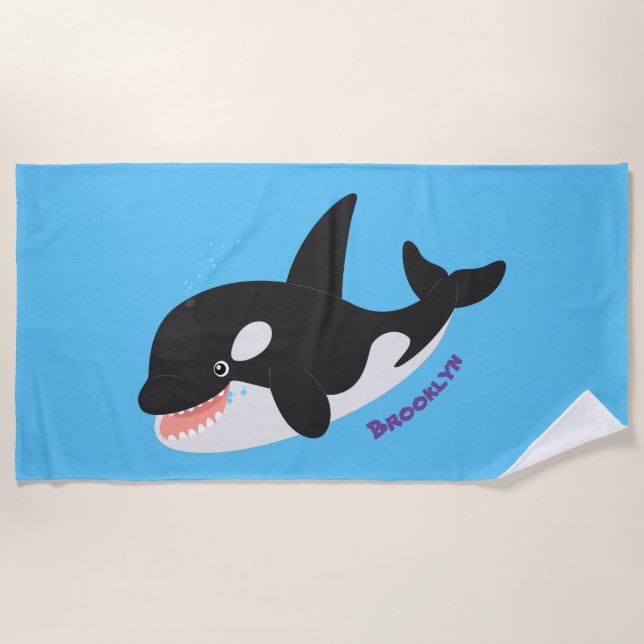 Funny killer whale orca cute cartoon illustration beach towel (Front)