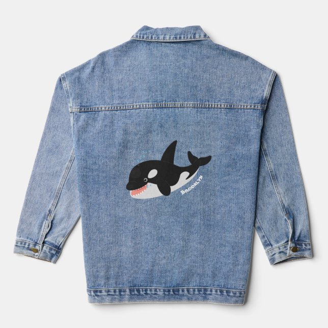 Funny killer whale orca cute cartoon illustration denim jacket (Back)