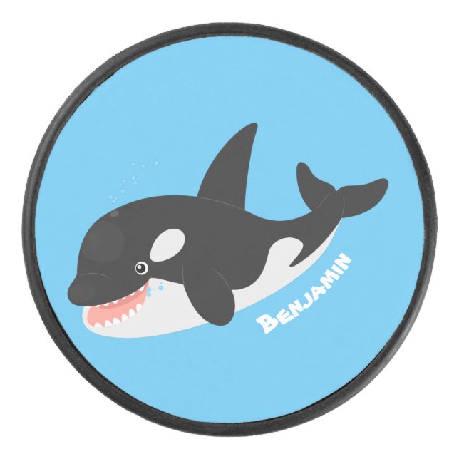 Funny killer whale orca cute cartoon illustration hockey puck (Front)