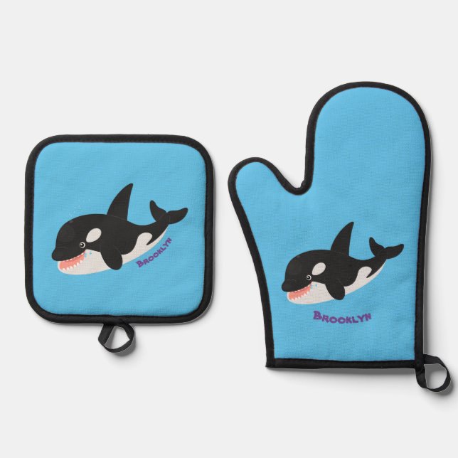 Funny killer whale orca cute cartoon illustration oven mitt & pot holder set (Front)