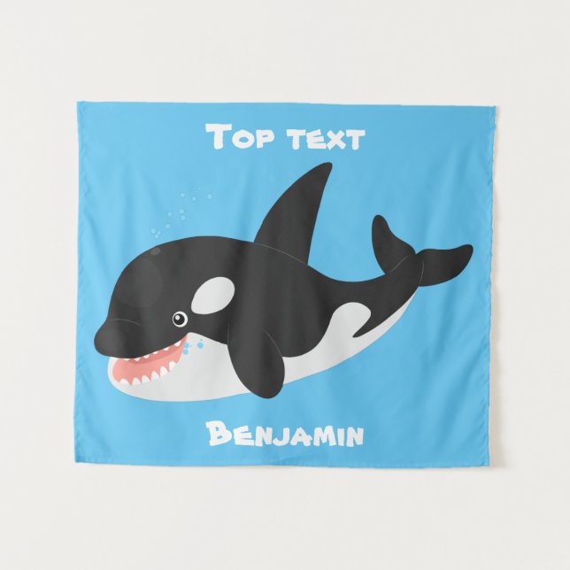 Funny killer whale orca cute cartoon illustration  tapestry (Front (Horizontal))