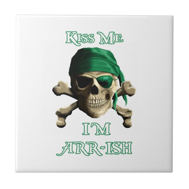 Funny Kiss Me Irish Jolly Roger Pirate Skull Ceramic Tile (Front)