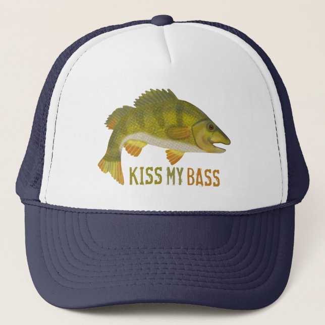 Funny Kiss My Bass Fish Fishing Angler Humour Trucker Hat (Front)