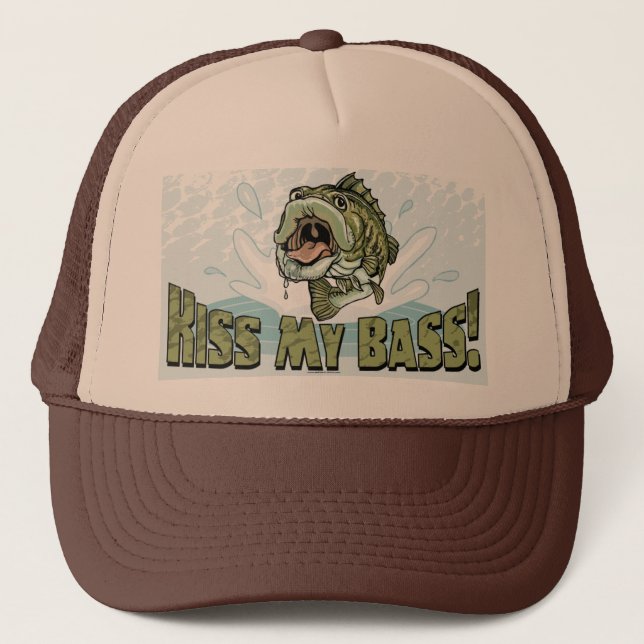 Funny Kiss My  Bass Gift Ideas for Fishermen Trucker Hat (Front)