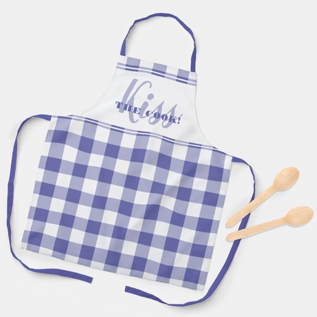 Funny Kiss The Cook Quote Gingham Check Periwinkle Apron (Funny Kiss The Cook Quote Gingham Check Periwinkle Apron)