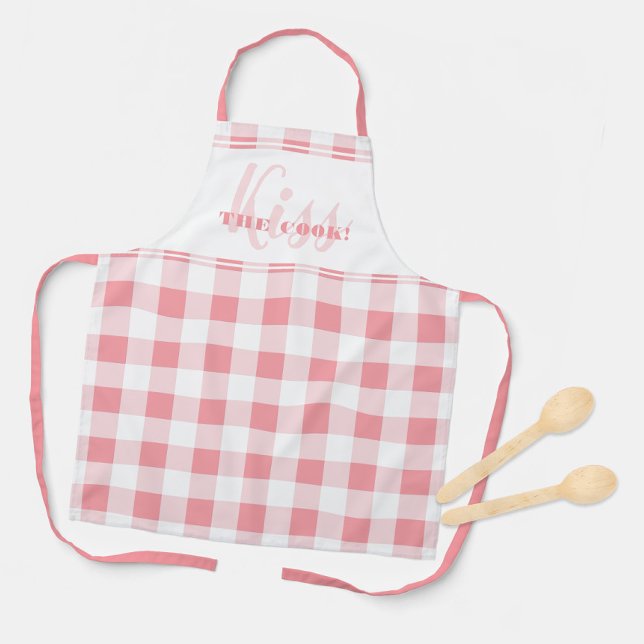 Funny Kiss The Cook Quote Gingham Check Pink Girly Apron (Funny Kiss The Cook Quote Gingham Check Pink Girly Apron)