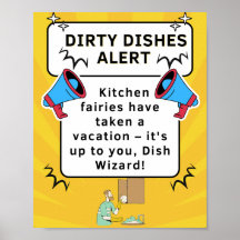 Funny Kitchen Poster - Dirty Dishes Alert for Men