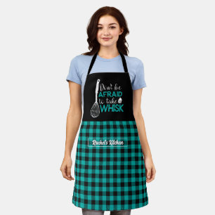 Funny Kitchen Pun Take Whisk Teal Green Plaid Apron