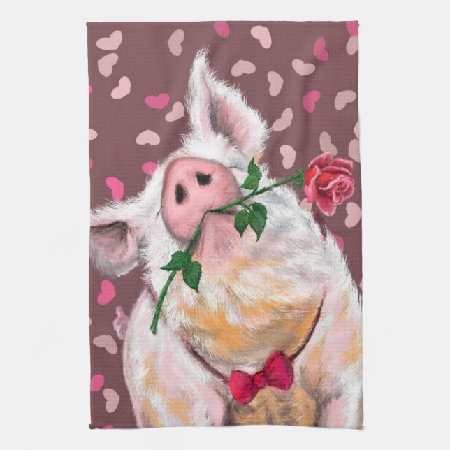 Funny Kitchen Towel Gentleman Pig with Rose (Vertical)