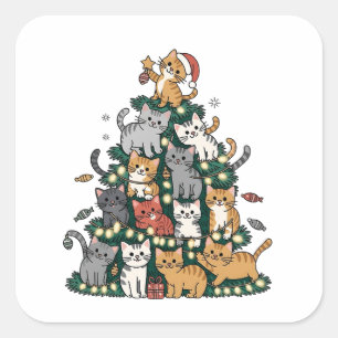 Funny Kitten Christmas Tree Cat Pet Animal Lover Square Sticker