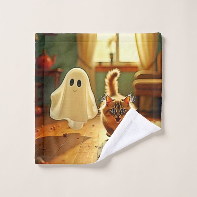 Funny Kitten Spooky Friend Bath Towel Set (Wash Cloth)