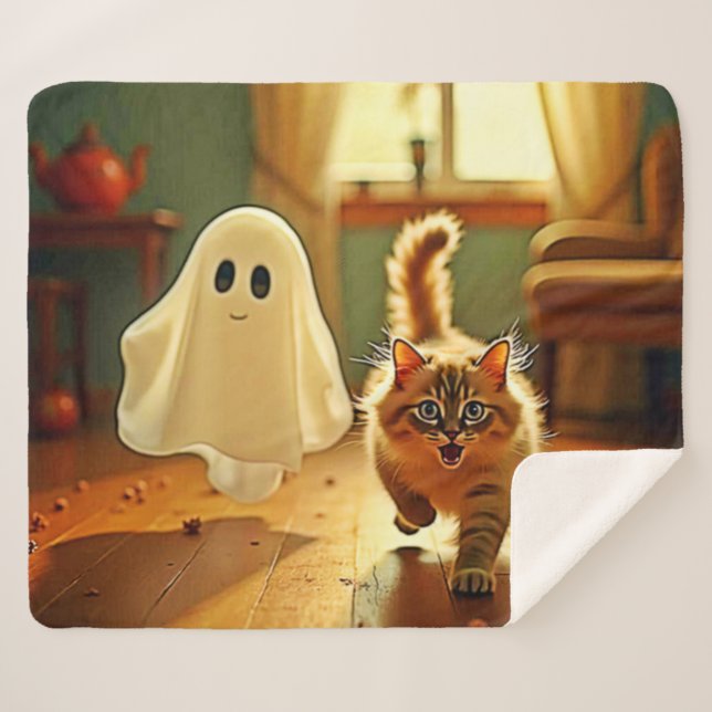 Funny Kitten Spooky Friend Design Sherpa Blanket (Front (Horizontal))