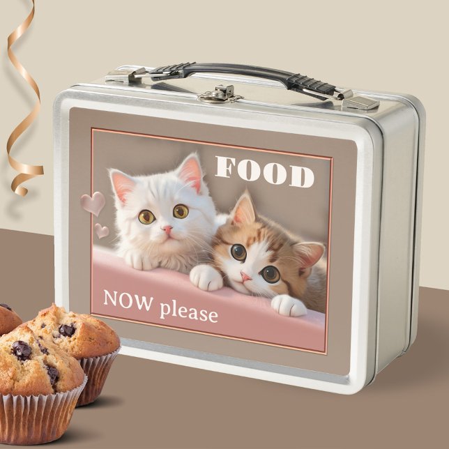 Funny Kittens Cute Cat Lover Metal Lunch Box (Funny lunch box showing a painting of two cute kittens demanding to be fed immediately - pink - tan)