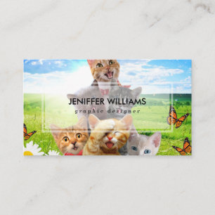 Funny kittens in green field. business card