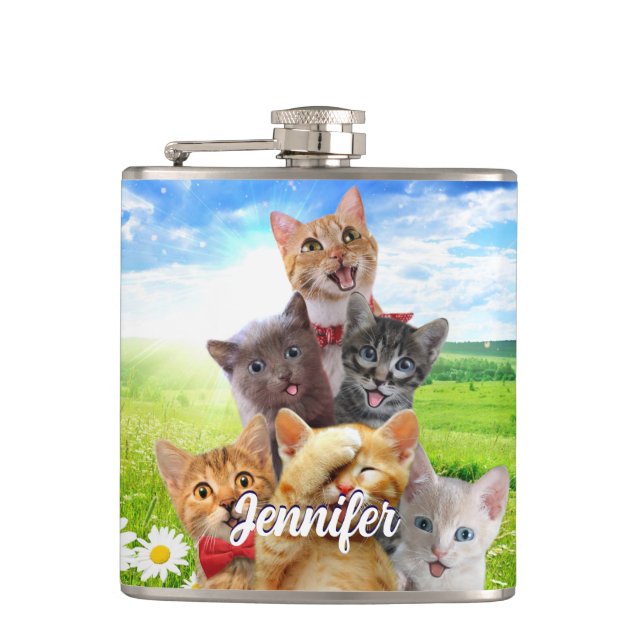 Funny kittens in green field.                      hip flask (Front)