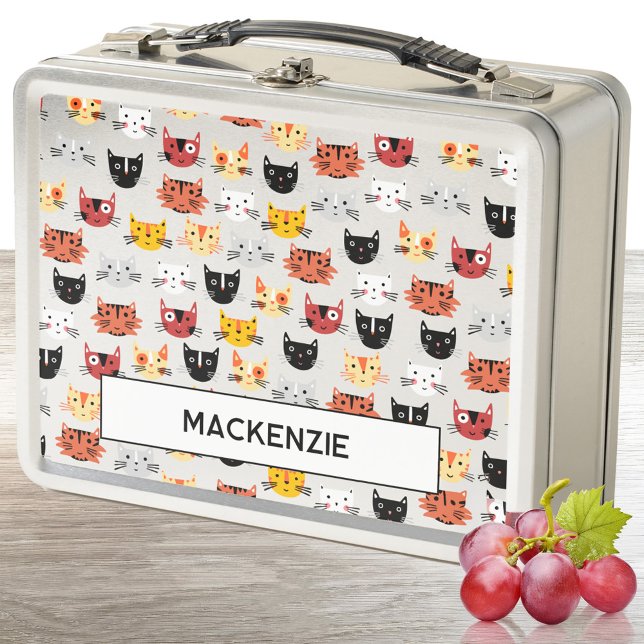 Funny Kitty Cat Personalised Name Metal Lunch Box (Fun kitty cat pattern personalized custom name metal lunch box)