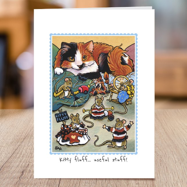Funny Kitty Fluff Cat Grooming Mouse Folded Card (Creator Uploaded)