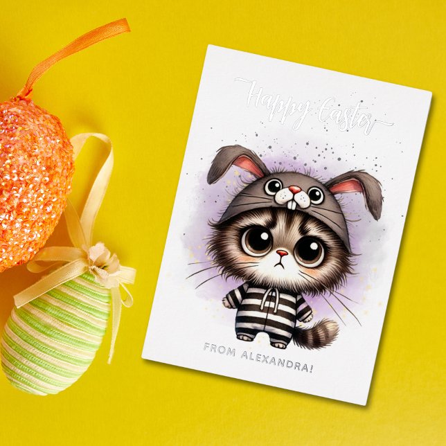 Funny Kitty in Bunny Costume Purple Happy Easter Foil Holiday Card (Creator Uploaded)