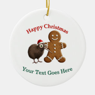 Funny Kiwi Bird in Santa Hat & Gingerbread Man  Ceramic Ornament