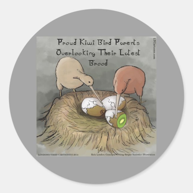 Funny Kiwi Birds Tending Their Fruit Classic Round Sticker (Front)