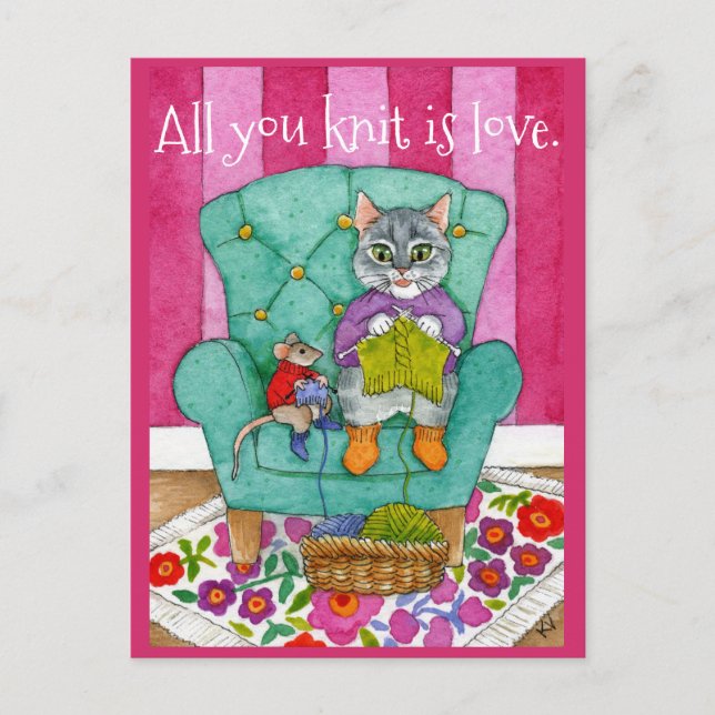 Funny knitting cat and mouse postcard (Front)