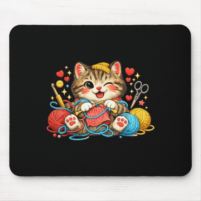 Funny Knitting Cat Crochet Yarn Lover Cute Cat Mouse Pad (Front)