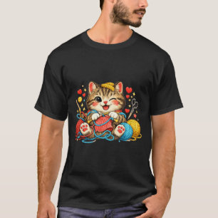 Funny Knitting Cat Crochet Yarn Lover Cute Cat T-Shirt