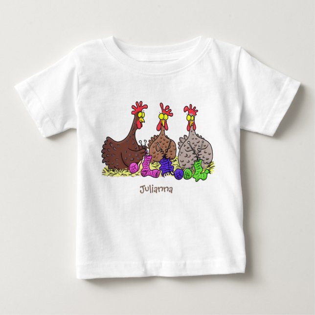 Funny knitting chickens cartoon illustration baby T-Shirt (Front)