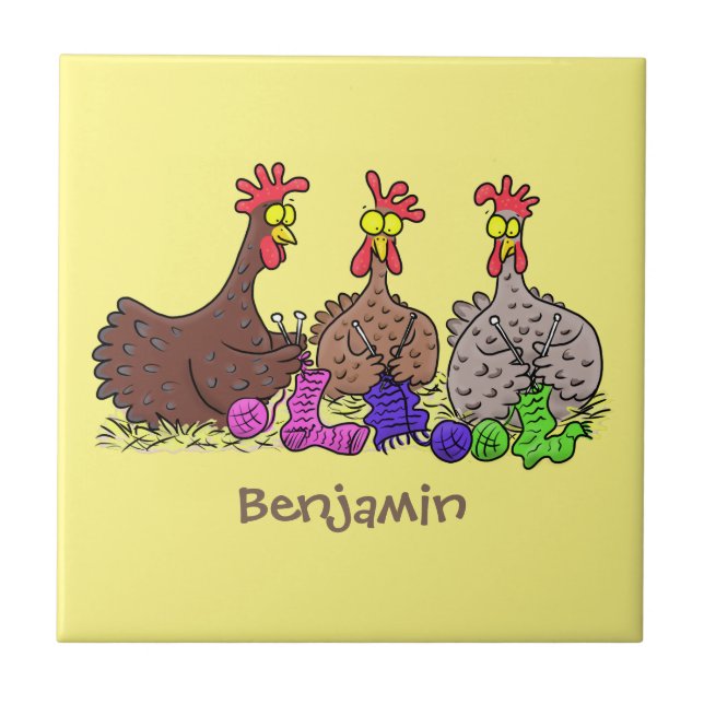 Funny knitting chickens cartoon illustration ceramic tile (Front)