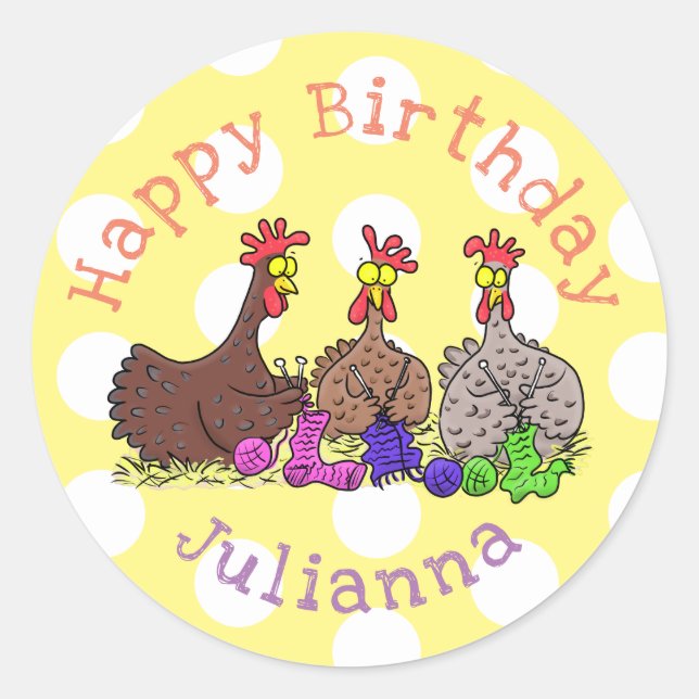 Funny knitting chickens cartoon illustration classic round sticker (Front)