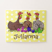 Funny knitting chickens cartoon illustration