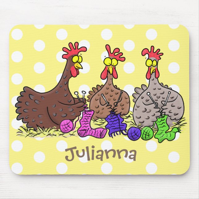 Funny knitting chickens cartoon illustration mouse pad (Front)