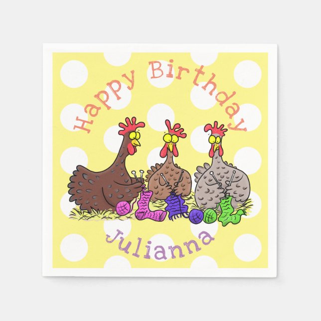 Funny knitting chickens cartoon illustration napkin (Front)
