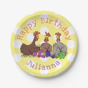 Funny knitting chickens cartoon illustration paper plate