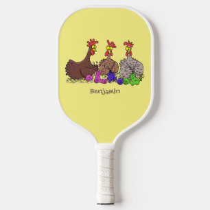 Funny knitting chickens cartoon illustration pickleball paddle