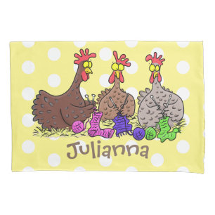 Funny knitting chickens cartoon illustration pillowcase