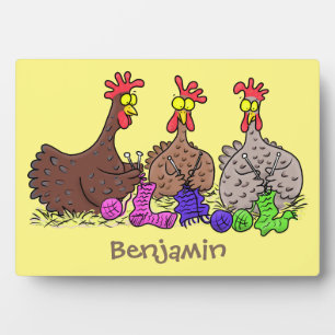 Funny knitting chickens cartoon illustration plaque