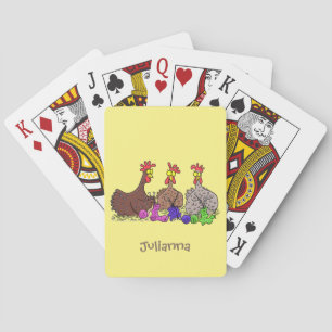Funny knitting chickens cartoon illustration playing cards