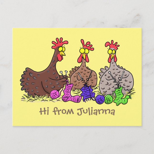 Funny knitting chickens cartoon illustration postcard (Front)