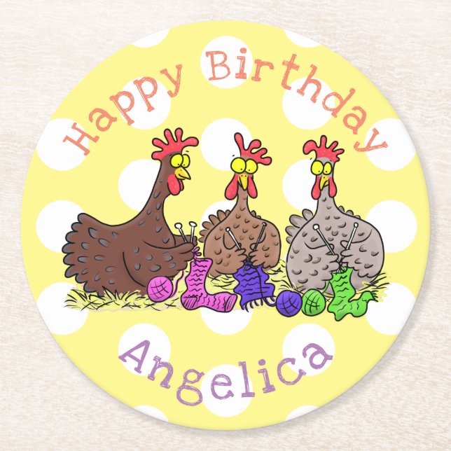 Funny knitting chickens cartoon illustration round paper coaster (Front)
