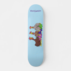Funny knitting chickens cartoon illustration skateboard