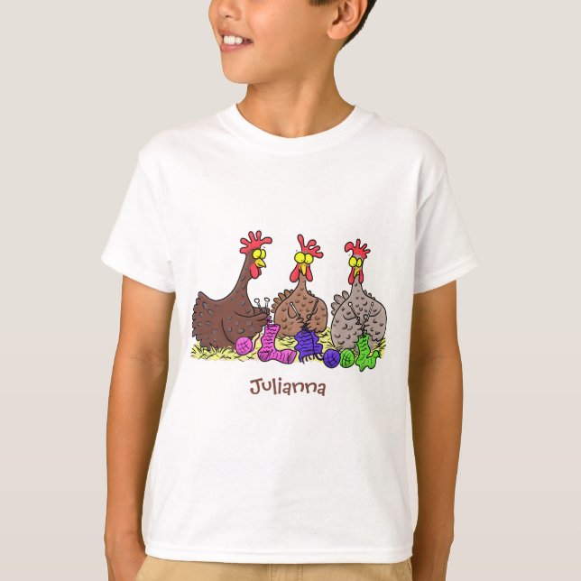 Funny knitting chickens cartoon illustration T-Shirt (Front)