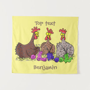 Funny knitting chickens cartoon illustration tapestry